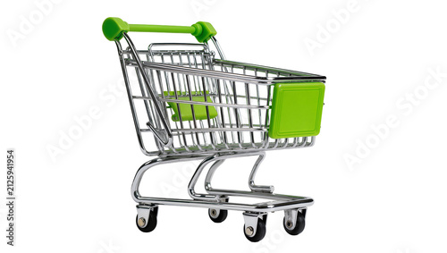 Obraz na plátne Miniature chrome shopping cart with green accents, isolated on transparent backg