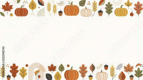 Colorful autumn harvest border with pumpkins and leaves.
