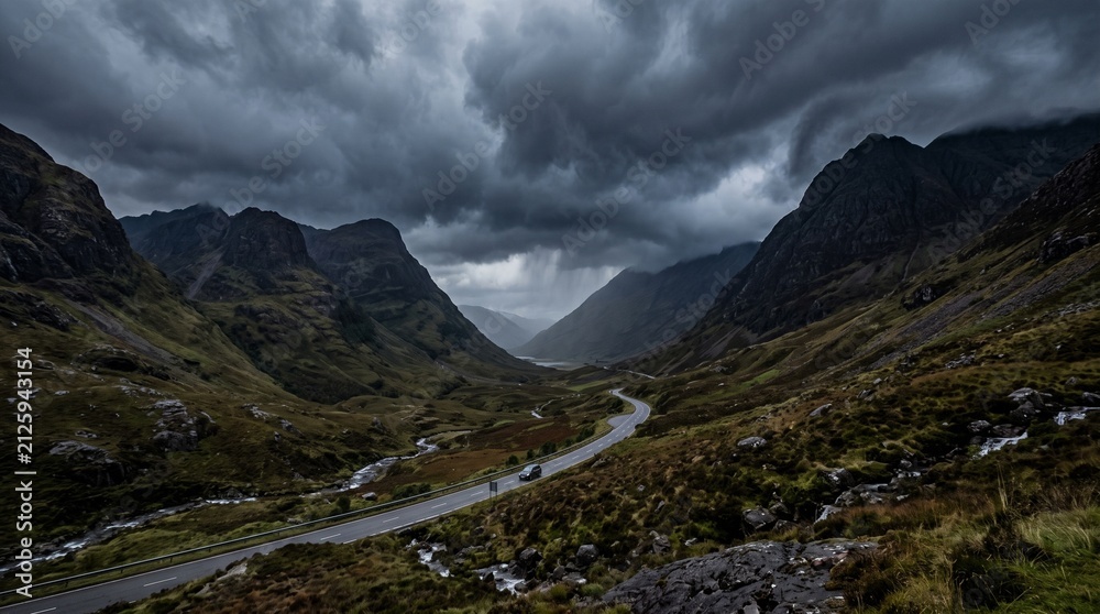 Fototapeta premium Dramatic Storm Clouds Over Glencoe Valley Scotland Road Trip