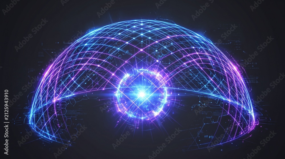 Obraz premium A glowing blue and purple digital energy dome encloses a bright central core against a dark technological network background.