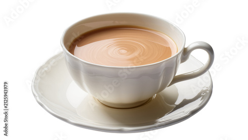 Konstfotografi White ceramic teacup filled with milky tea, isolated on transparent background