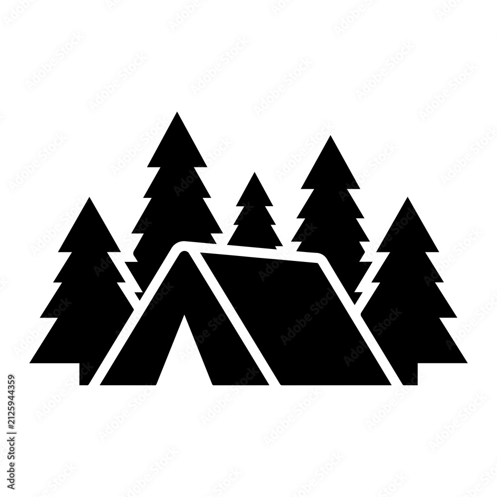 Obraz premium Black silhouette of a camping tent situated in front of a forest of pine trees, isolated on a white background, outdoor adventure