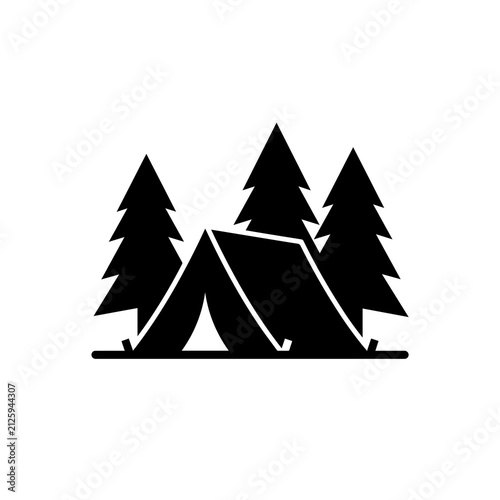 Black and white of a camping tent situated in a forest with three pine trees, isolated on a white background, for outdoor activities