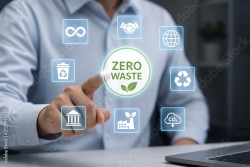 Businessman interacting with zero waste sustainability icons on digital interface
