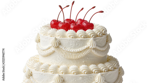 Fotografía Two-tiered white cake with piped frosting and cherries, isolated on transparent