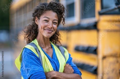 Confident young woman in high-visibility vest and blue shirt standing in front of a yellow school bus