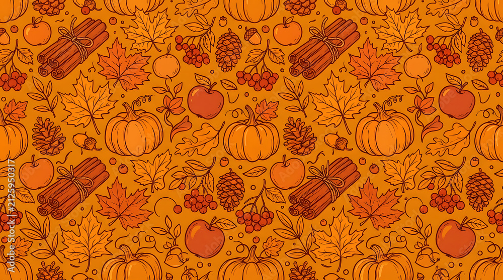 Seamless pattern with hand drawn autumn elements including pumpkins cinnamon sticks maple leaves apples and pine cones on a warm orange background design