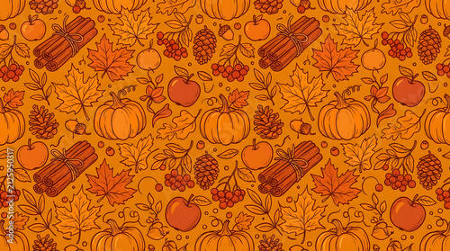 Seamless pattern with hand drawn autumn elements including pumpkins cinnamon sticks maple leaves apples and pine cones on a warm orange background design