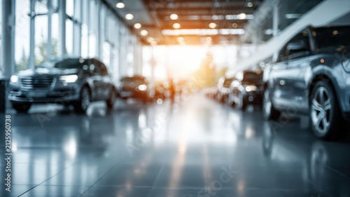 Blurred car dealership showroom automotive retail luxury vehicle background auto sales interior bokeh lights transportation transport service