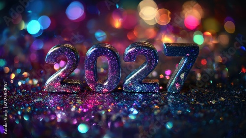 New year celebration for 2027 with colorful glitter decorations and bright lights