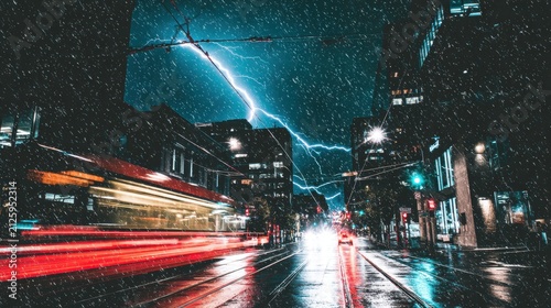 Lightning strikes during a storm at night on a busy city street with moving vehicles