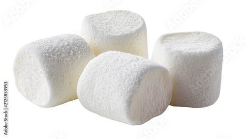 Foto Four fluffy white marshmallows dusted with sugar, isolated on transparent backgr