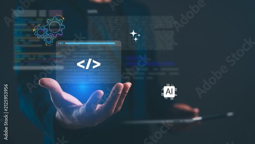 A hand holding a holographic code symbol with AI and gear icons, representing programming, artificial intelligence, and technology integration.