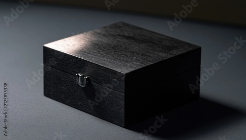 Dark wood storage box with metal clasp on dark gray surface
