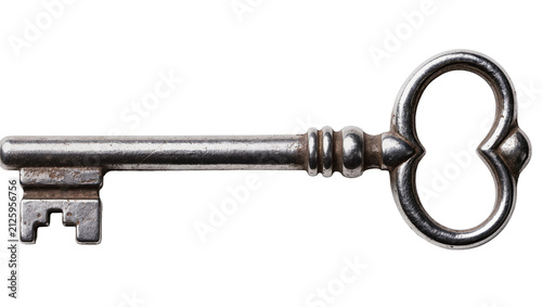 Foto Antique silver skeleton key with ornate bow, isolated on transparent background