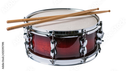 Obraz na płótnie Red snare drum with wooden drumsticks, isolated on transparent background