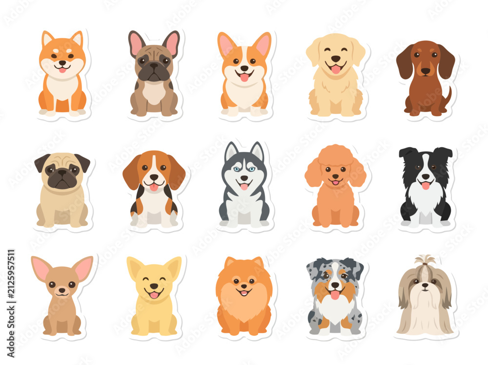 Fototapeta premium A collection of fifteen cute cartoon dog breeds arranged in a grid pattern.