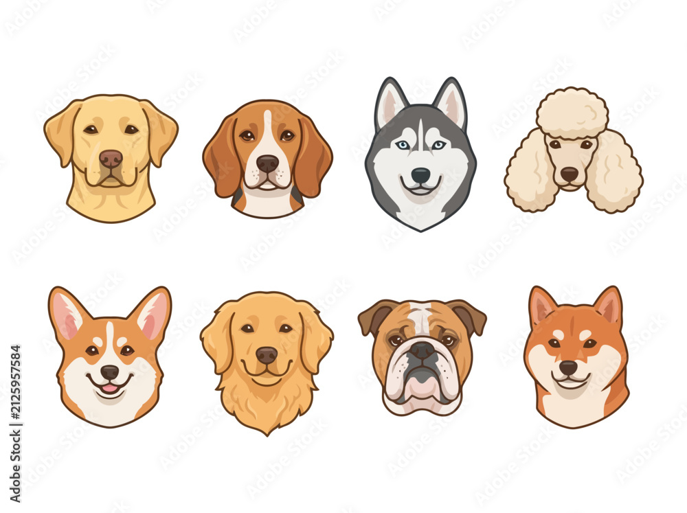 Obraz premium A collection of eight different dog breed head illustrations in a flat vector style.