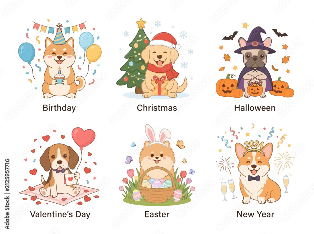 Naklejka premium A collection of cute cartoon dogs celebrating various holidays including birthday Christmas Halloween Valentines Day Easter and New Year.