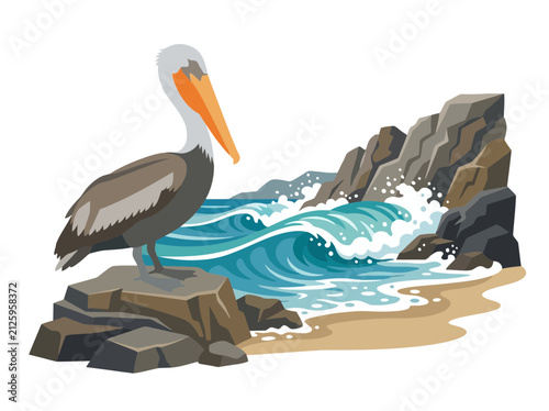 A majestic brown pelican standing on a rocky coastal outcrop.