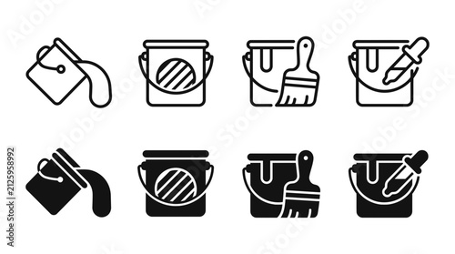 Paint bucket tools and equipment icon collection with container construction renovation decorating improvement