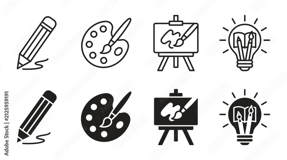Fototapeta premium Creative art and design concept icons including easel paintbrush palette and lightbulb with creative, paintbrush