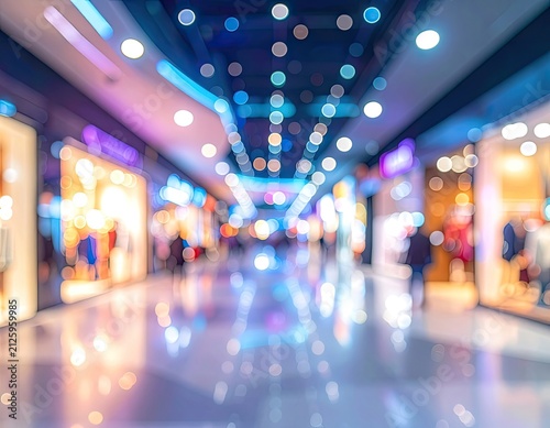 Blurred bokeh lights illuminate a vibrant shopping mall interior.
