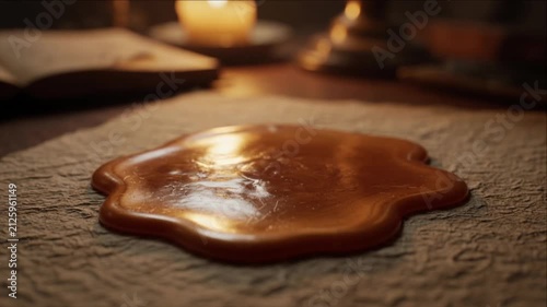 Cinematic macro wax seal material texture background rustic parchment paper with warm candle light glow and cozy mysterious vintage mood atmosphere soft focus close up detail for craft concept art