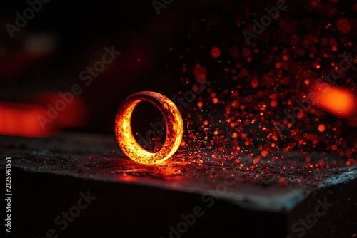Glowing red hot copper wedding ring being hand forged on blacksmith anvil with dramatic sparks flying against dark background. Unique handcrafted jewelry, artisan metalwork and strength commitment.
