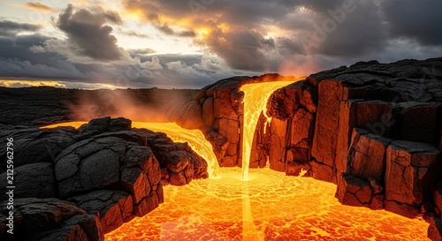 Molten Lava Flowing Over Cliffs at Sunset