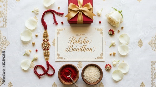 Flat lay of raksha bandhan celebration elements like rakhi roli rice gift and flowers on white background.