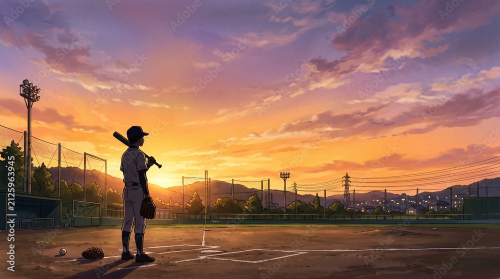 Fototapeta premium 夕焼けの野球場に立つ少年野球選手のシルエットと青春の情景 イラスト