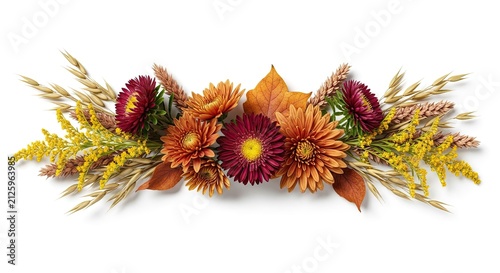 Autumn Floral Arrangement: Chrysanthemums, Wheat, and Leaves on White Background