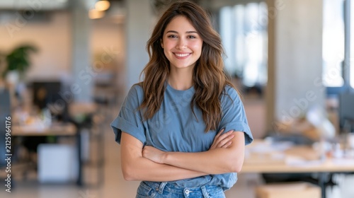 Young woman smiles warmly, arms crossed