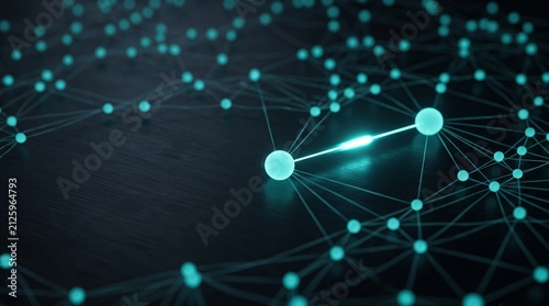 Teal node network on a dark surface with one bright link glowing between two larger spheres