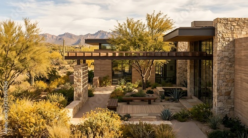 Modern luxury house with patio in the arizona desert landscape with mountains in the background. arizona modern home