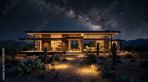 Modern luxury house in the desert at night with a bright starry sky and glowing lights. arizona modern home