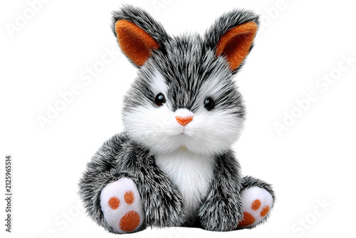 Adorable gray plush bunny toy sitting isolated on white. Soft stuffed animal with heart patterns for children and decor.
