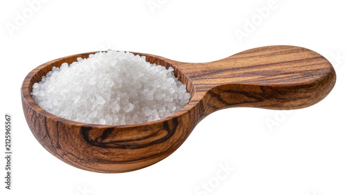 Quadro su tela Coarse sea salt crystals piled high in a wooden scoop, isolated on transparent b