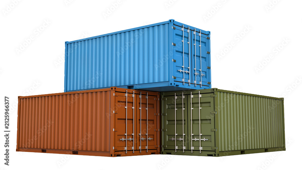 Fototapeta premium Three stacked shipping containers in blue orange and green, isolated on transparent background
