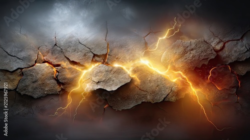 Dramatic Cracked Rock Texture with Lightning Effect Against Dark Background in High Dynamic Range Style