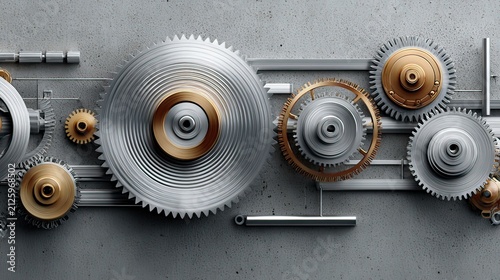 Intricate Design of Silver and Gold Gears on a Textured Gray Background for Industrial and Mechanical Themes