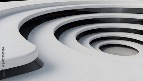 Abstract architectural detail of white concentric circular layers with deep dark shadows