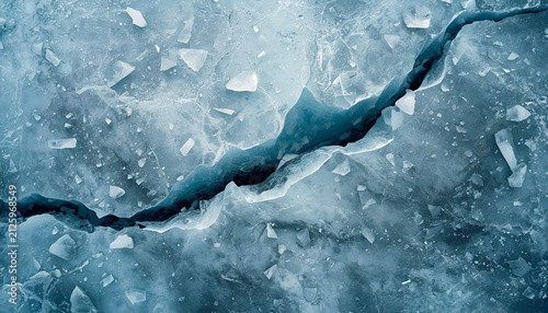 Abstract cracked blue ice texture with deep fissure and scattered frozen fragments, natural winter background, aerial view, cold frozen surface with detailed crystalline patterns.