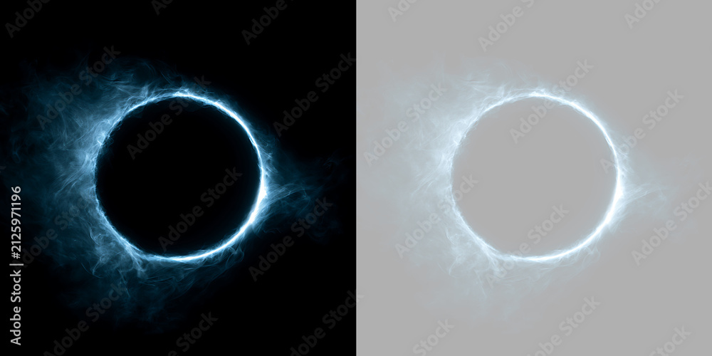Obraz premium Glowing blue energy portal circle with smoke effect. Isolated plasma ring on black and transparent background for design overlay