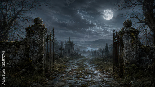 Moonlit gothic cemetery gate illustration