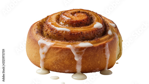 Картината върху платно Golden brown cinnamon roll with sweet white icing drizzled on top, isolated on t