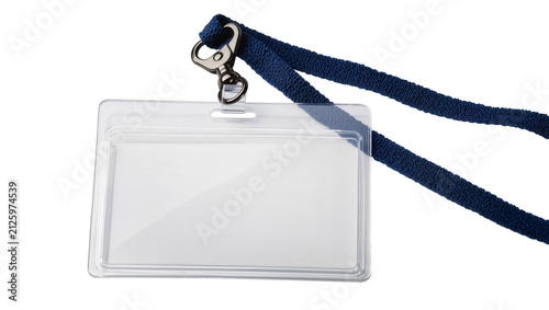 Quadro su tela Clear plastic badge holder with blue lanyard, isolated on transparent background