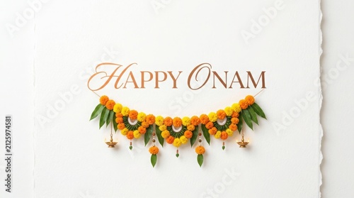 Happy onam minimal elegant greeting card design marigold garland traditional kerala festival celebration background.