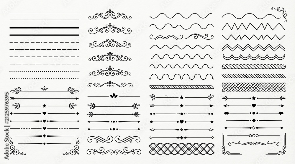 Fototapeta premium Decorative line dividers and elegant ornate swirl flourishes designed for professional page layout embellishment and stylish artistic text separation in modern black ink graphic digital illustration